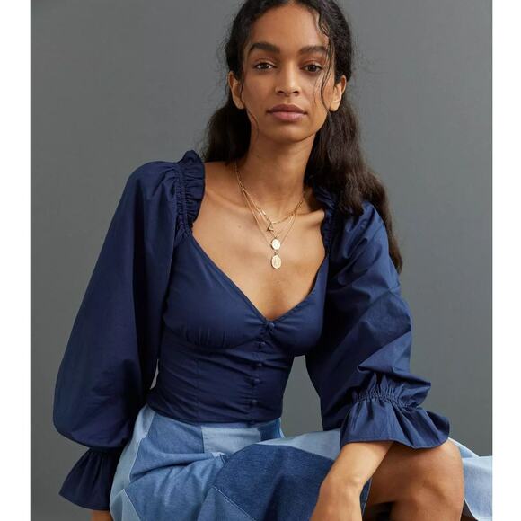ANTHROPOLOGIE Puff Sleeve Sweetheart Blouse Fitted Peasant Prairie Top Sz S NWT - Picture 1 of 14